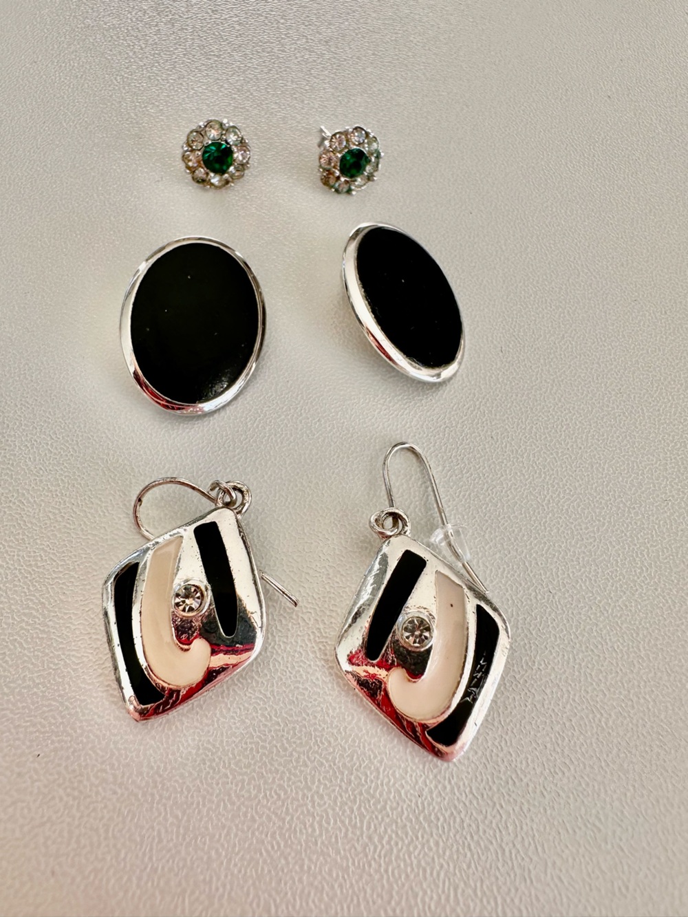 Silver & Black Enamel Drop Earrings and Stud Set
